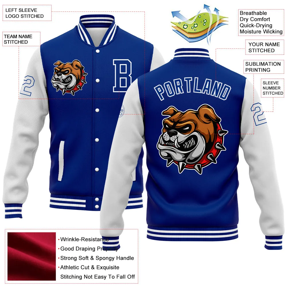 Custom Royal White 3D Pattern Design Bomber Full-Snap Varsity Letterman Jacket