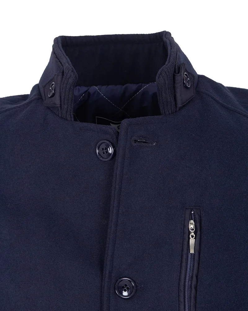 Dark Blue Funnel Neck Men`s Overcoat