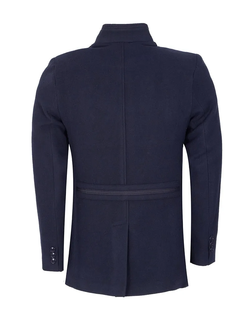 Dark Blue Funnel Neck Men`s Overcoat