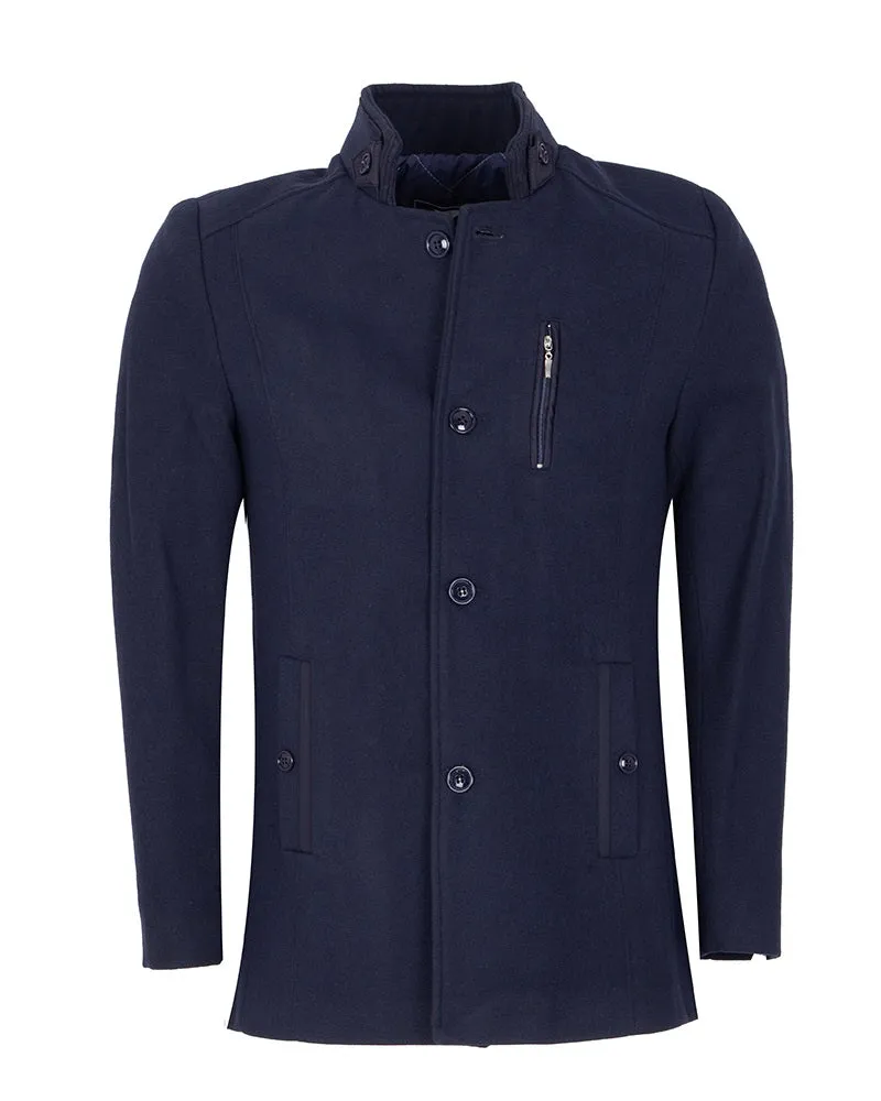 Dark Blue Funnel Neck Men`s Overcoat