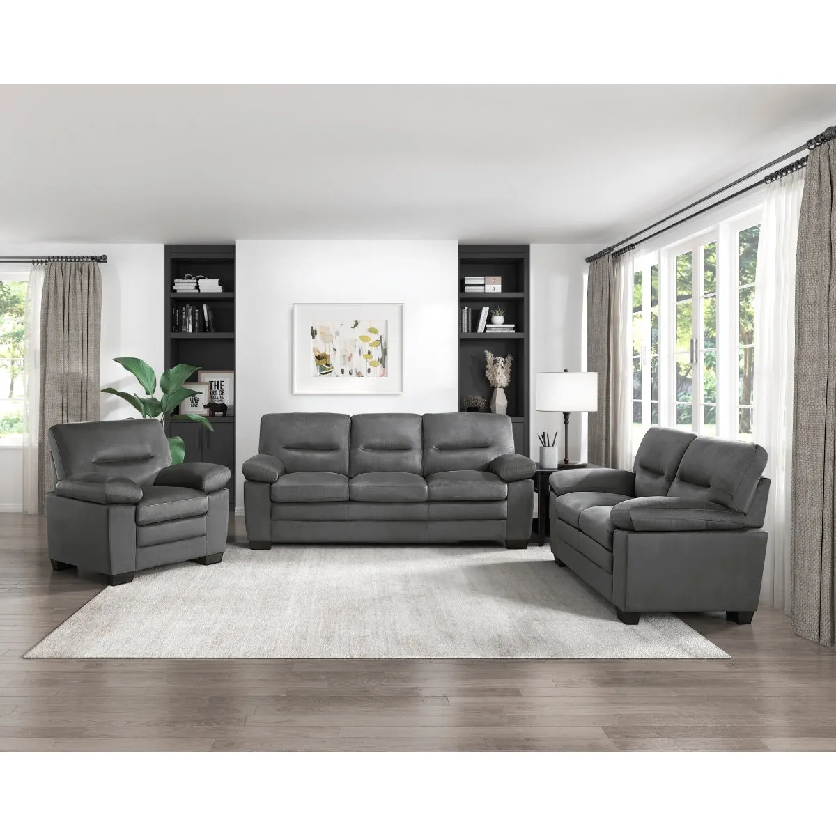 Dark Gray Textured Upholstery Sofa with Faux Wood Finish