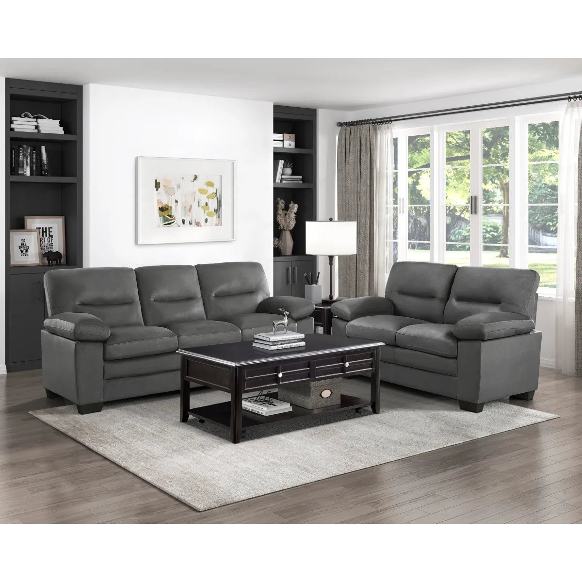 Dark Gray Textured Upholstery Sofa with Faux Wood Finish