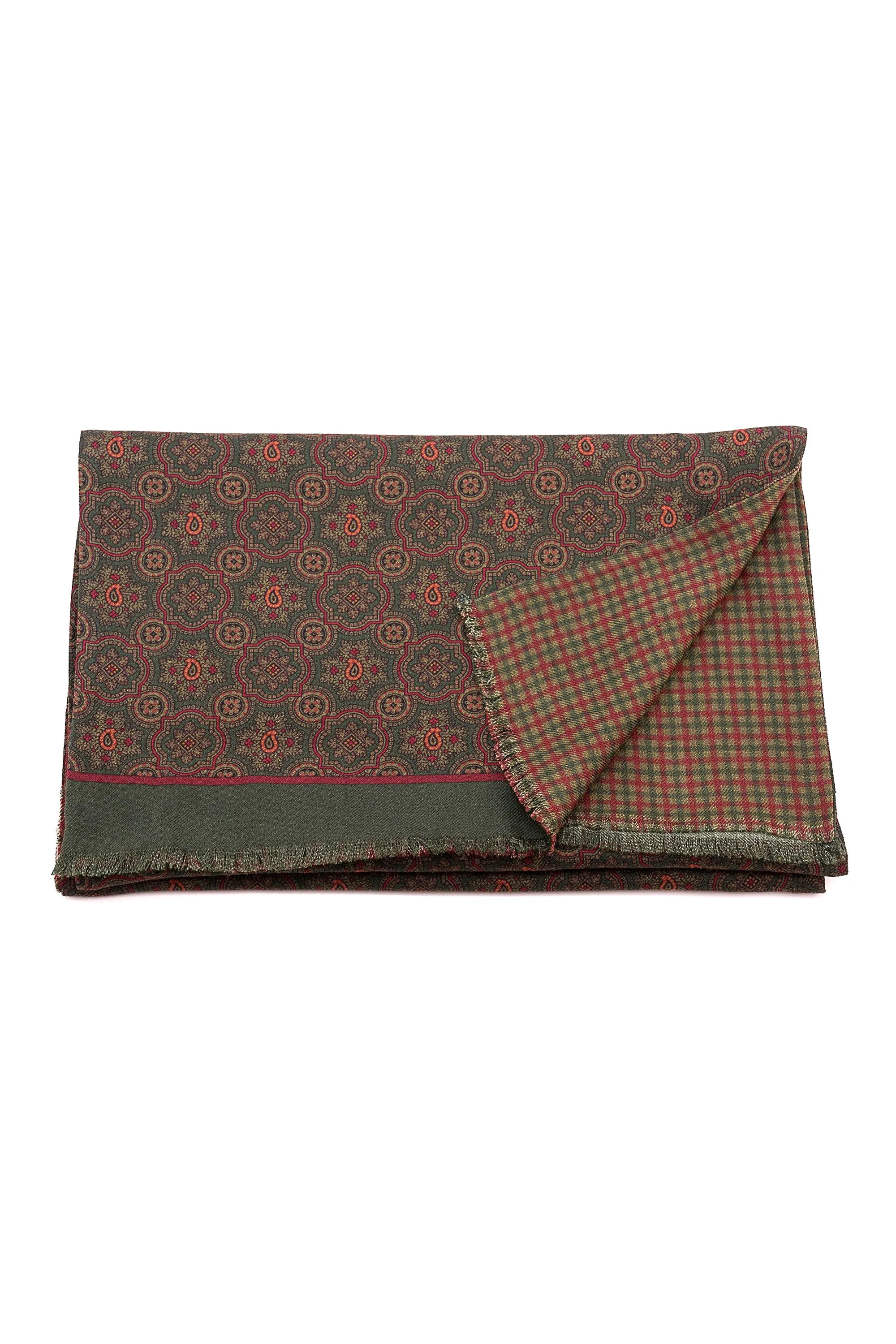 Dark Green Motif & Check Reversible Scarf