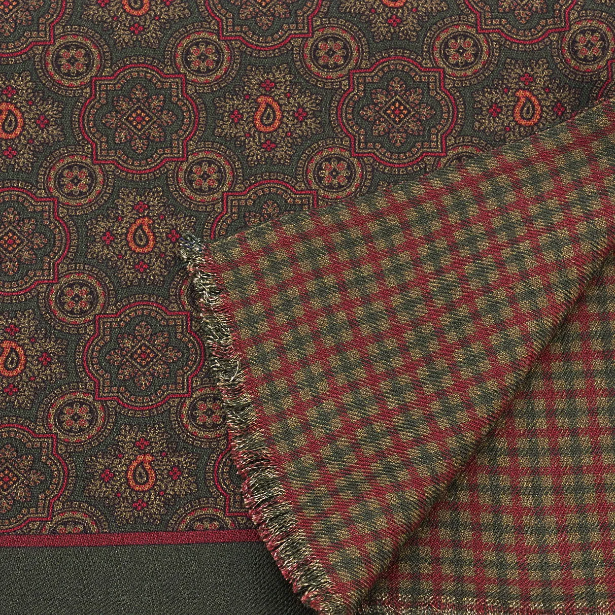 Dark Green Motif & Check Reversible Scarf