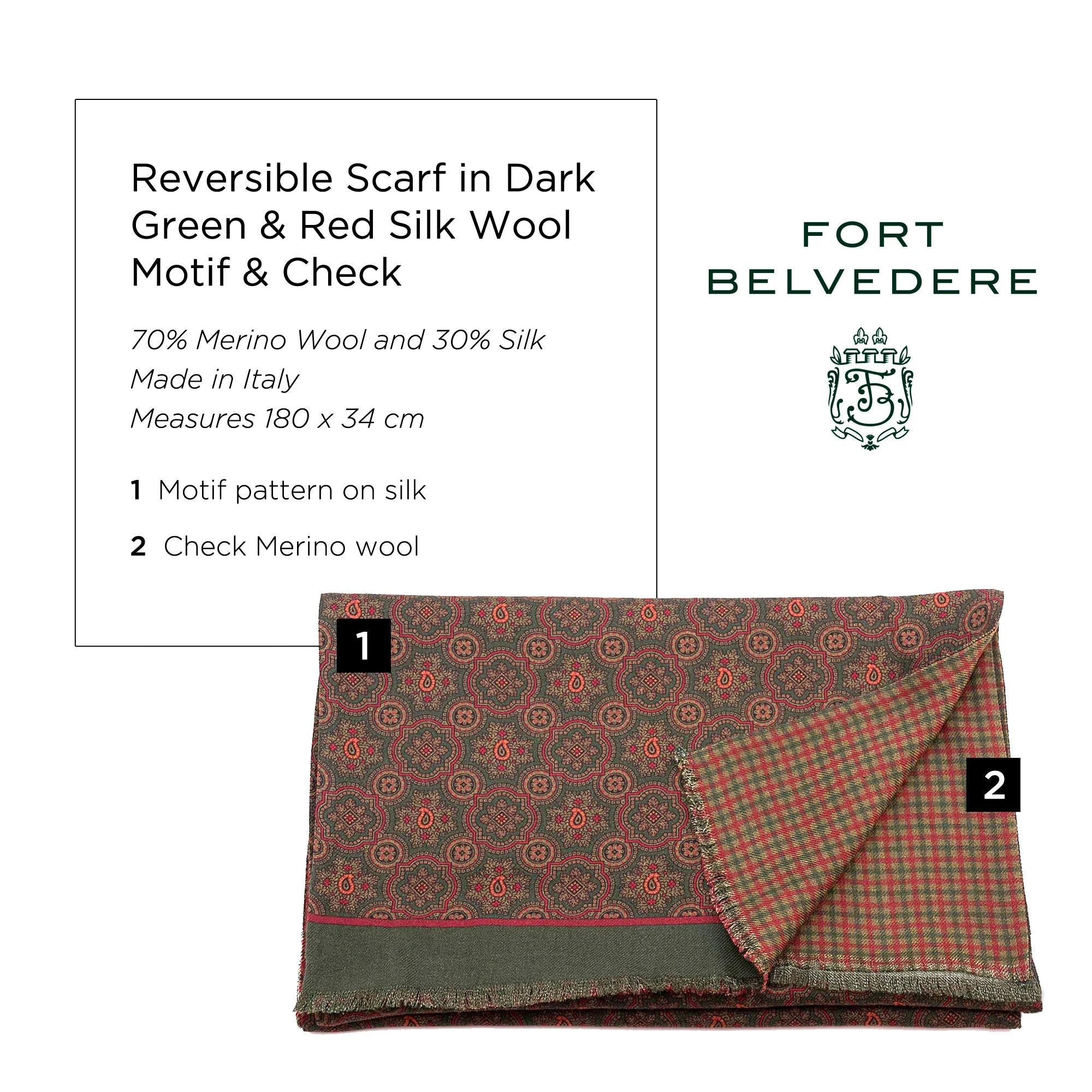 Dark Green Motif & Check Reversible Scarf