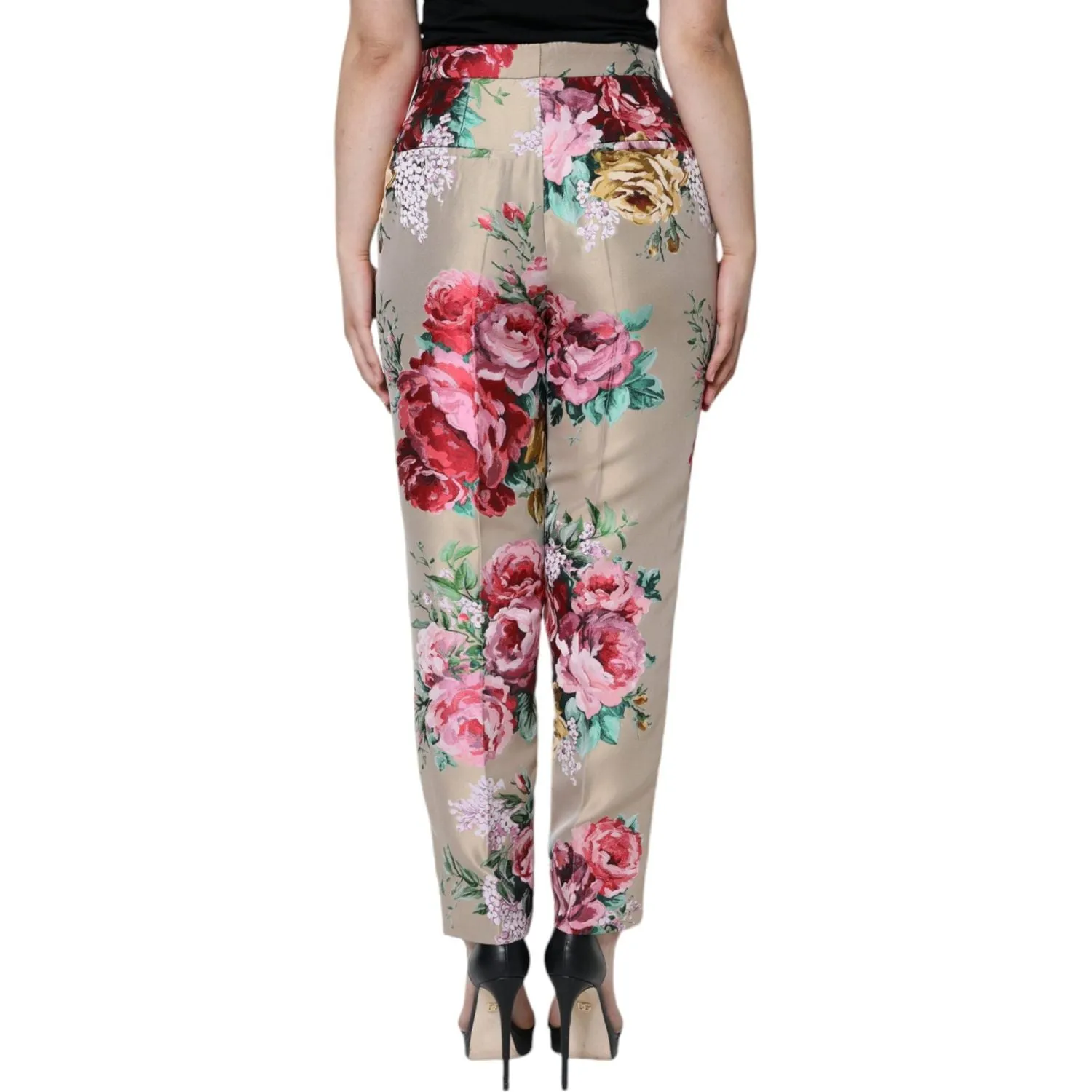 Dolce & Gabbana Beige Floral Jacquard High Waist Tapered Pants