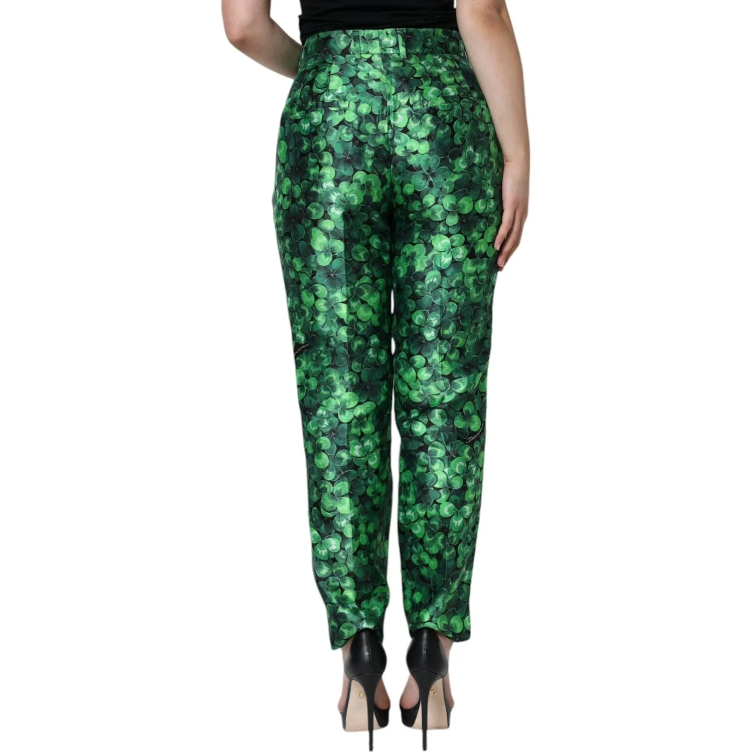 Dolce & Gabbana Green Clover Silk Satin High Waist Tapered Pants