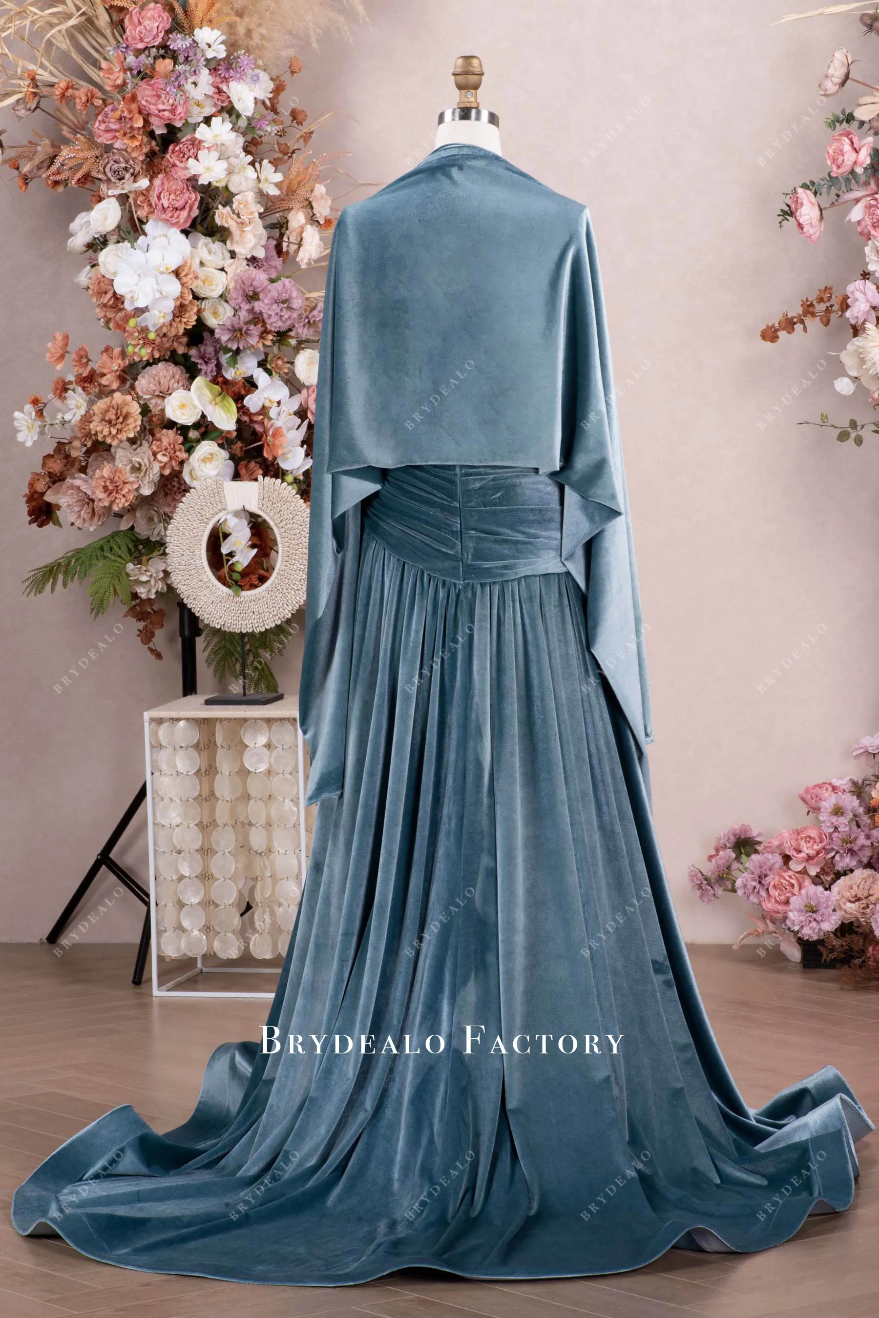 Dusty Blue Draped Velvet Mother of Bride Dress With Shawl