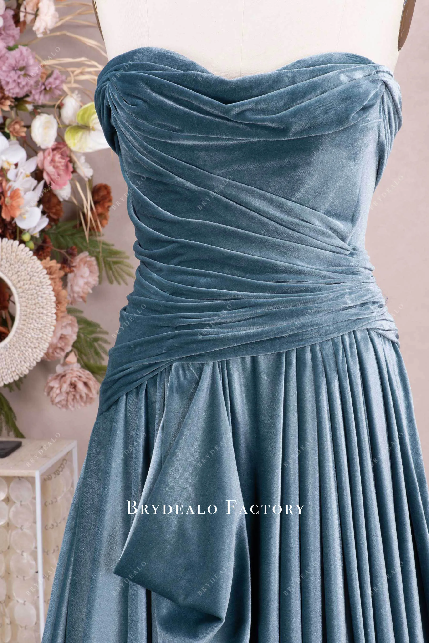 Dusty Blue Draped Velvet Mother of Bride Dress With Shawl