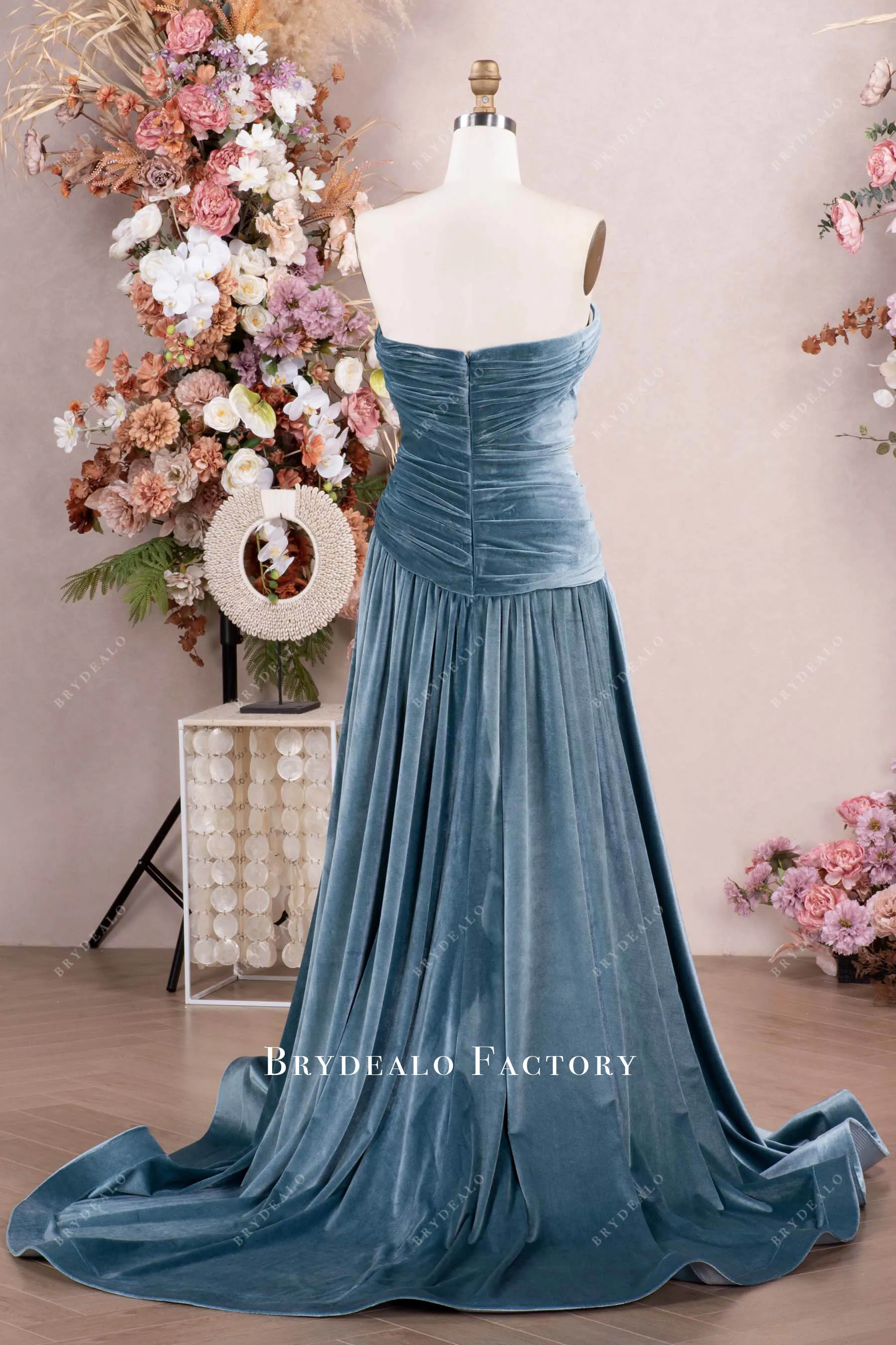 Dusty Blue Draped Velvet Mother of Bride Dress With Shawl