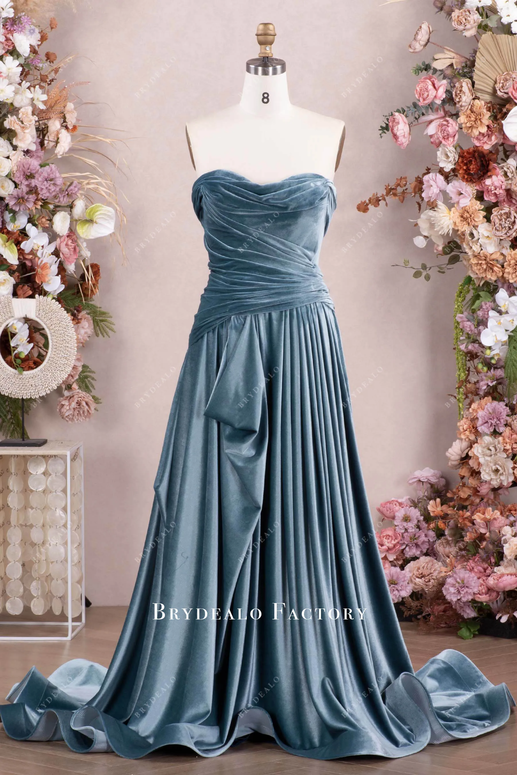 Dusty Blue Draped Velvet Mother of Bride Dress With Shawl