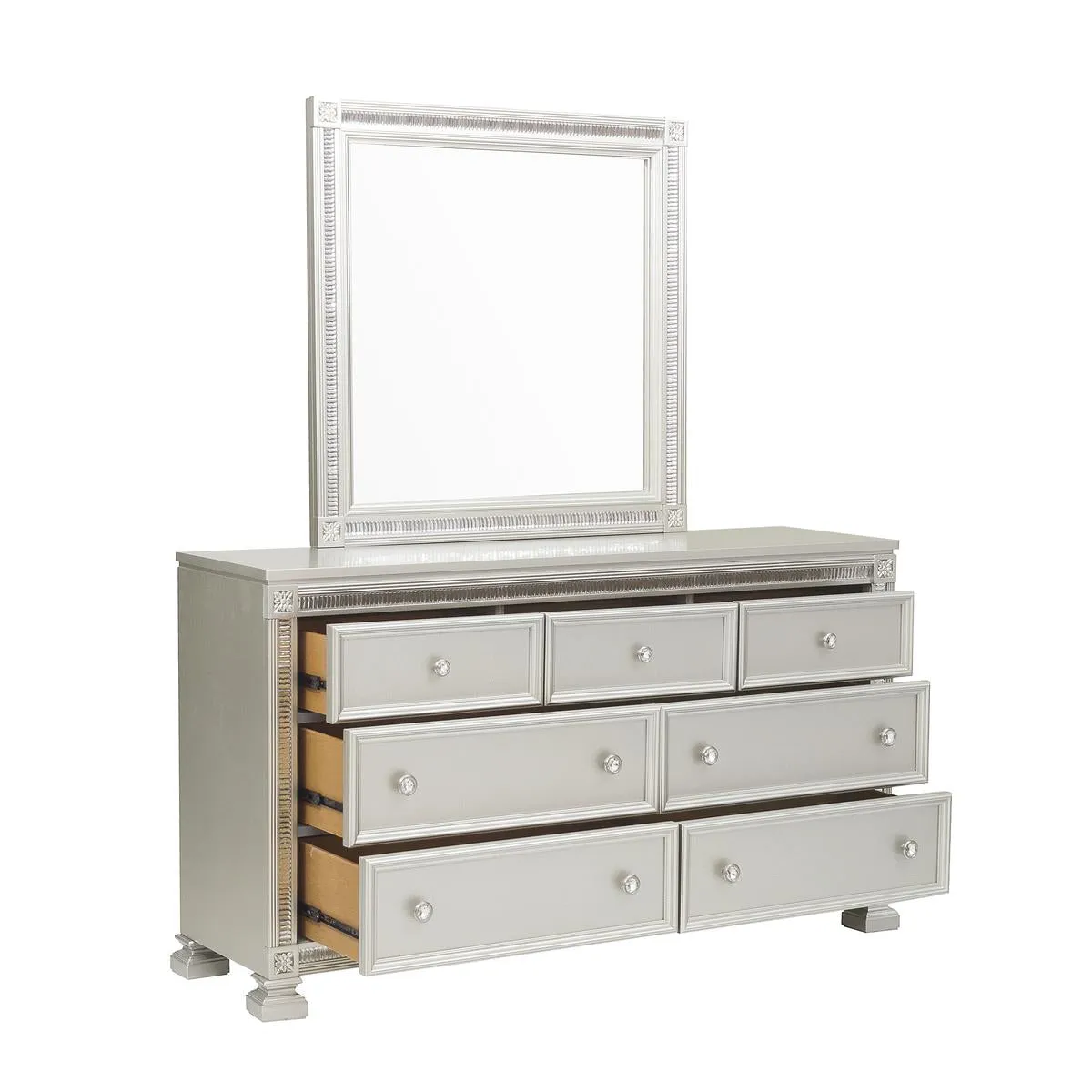 Elegant Silver 7-Drawer Dresser with Crystal Trim