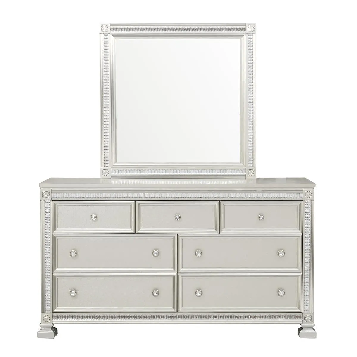 Elegant Silver 7-Drawer Dresser with Crystal Trim