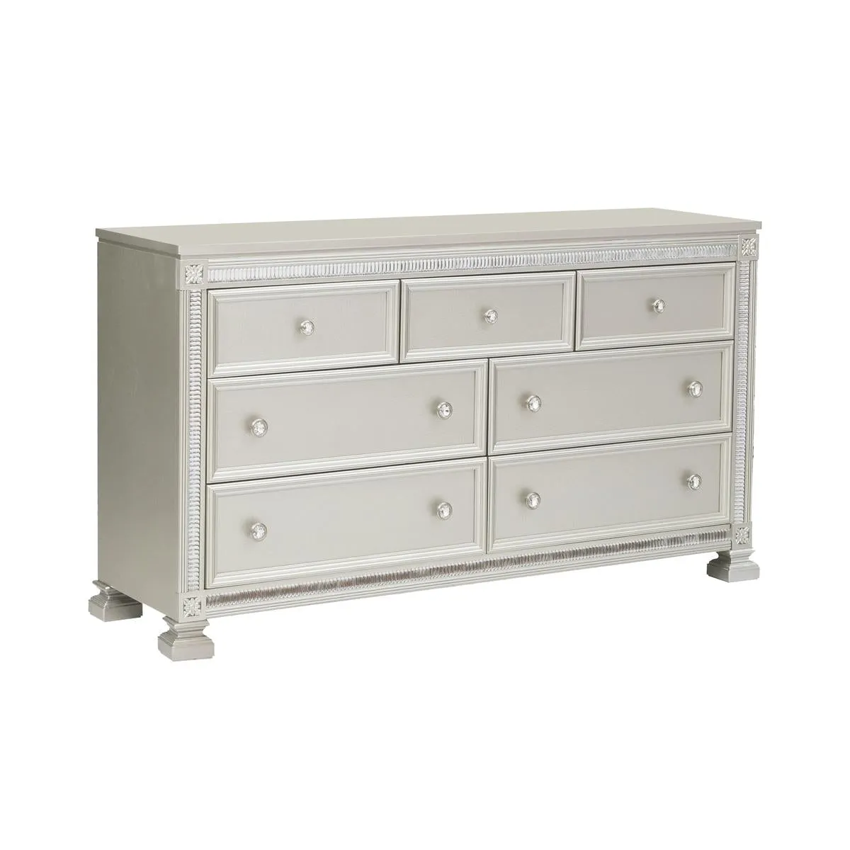 Elegant Silver 7-Drawer Dresser with Crystal Trim