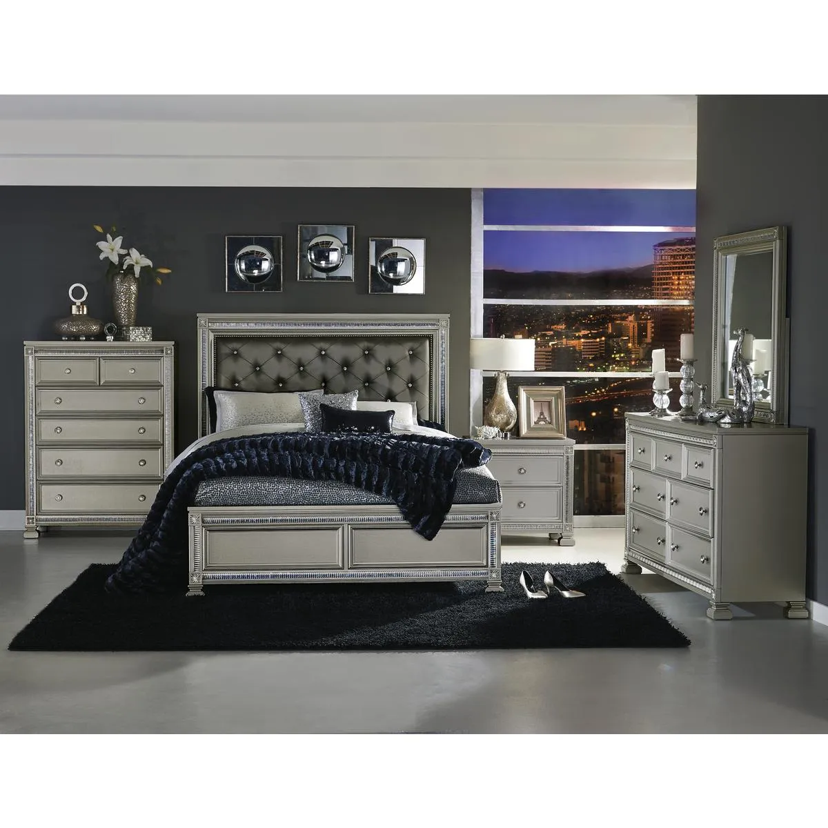 Elegant Silver 7-Drawer Dresser with Crystal Trim