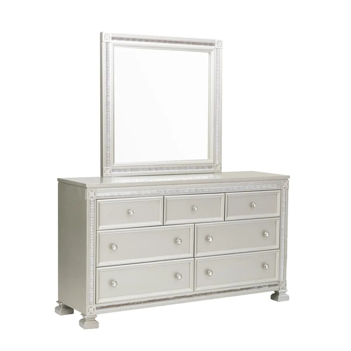 Elegant Silver 7-Drawer Dresser with Crystal Trim