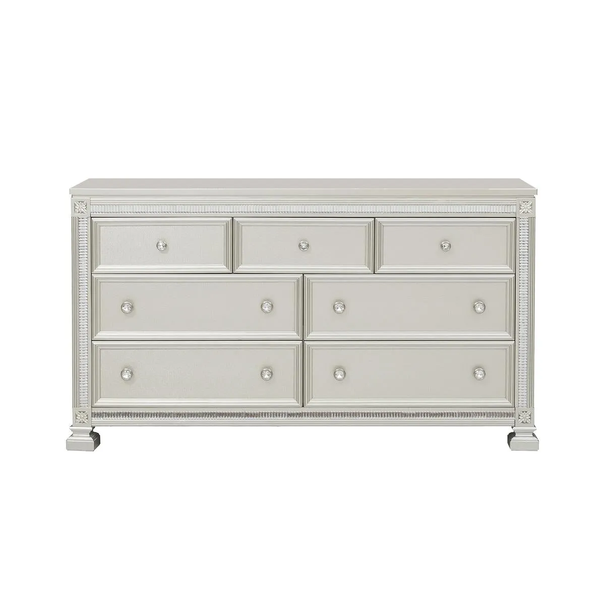 Elegant Silver 7-Drawer Dresser with Crystal Trim