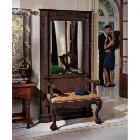 English Victorian Hand-Carved Solid Mahogany Antique Replica Entryway Hallway Stand With Mirror and Seating Bench Set