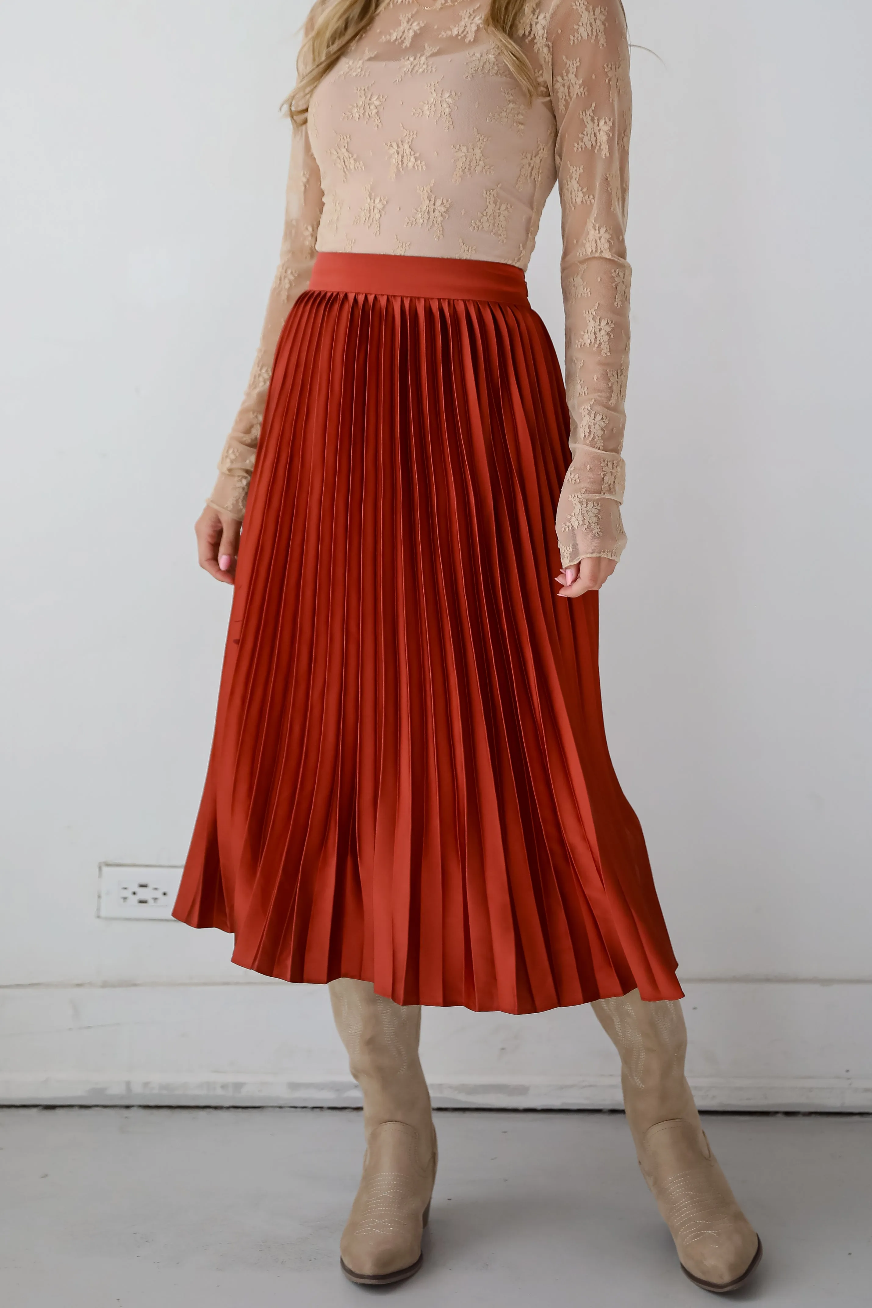 Fabulous Always Rust Satin Pleated Midi Skirt