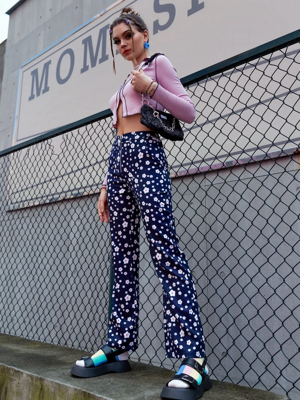 Floral High Waist Zip Detail Pants