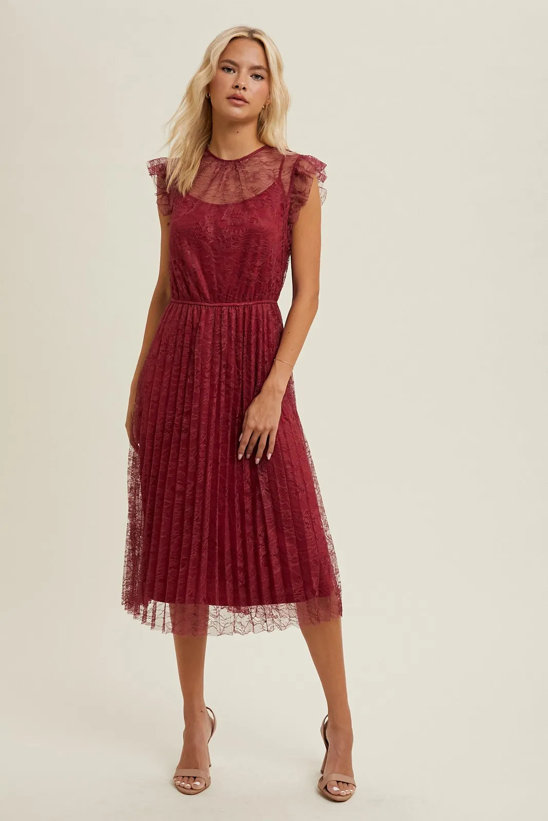 Floral Lace Pleated Midi Dress - Wine