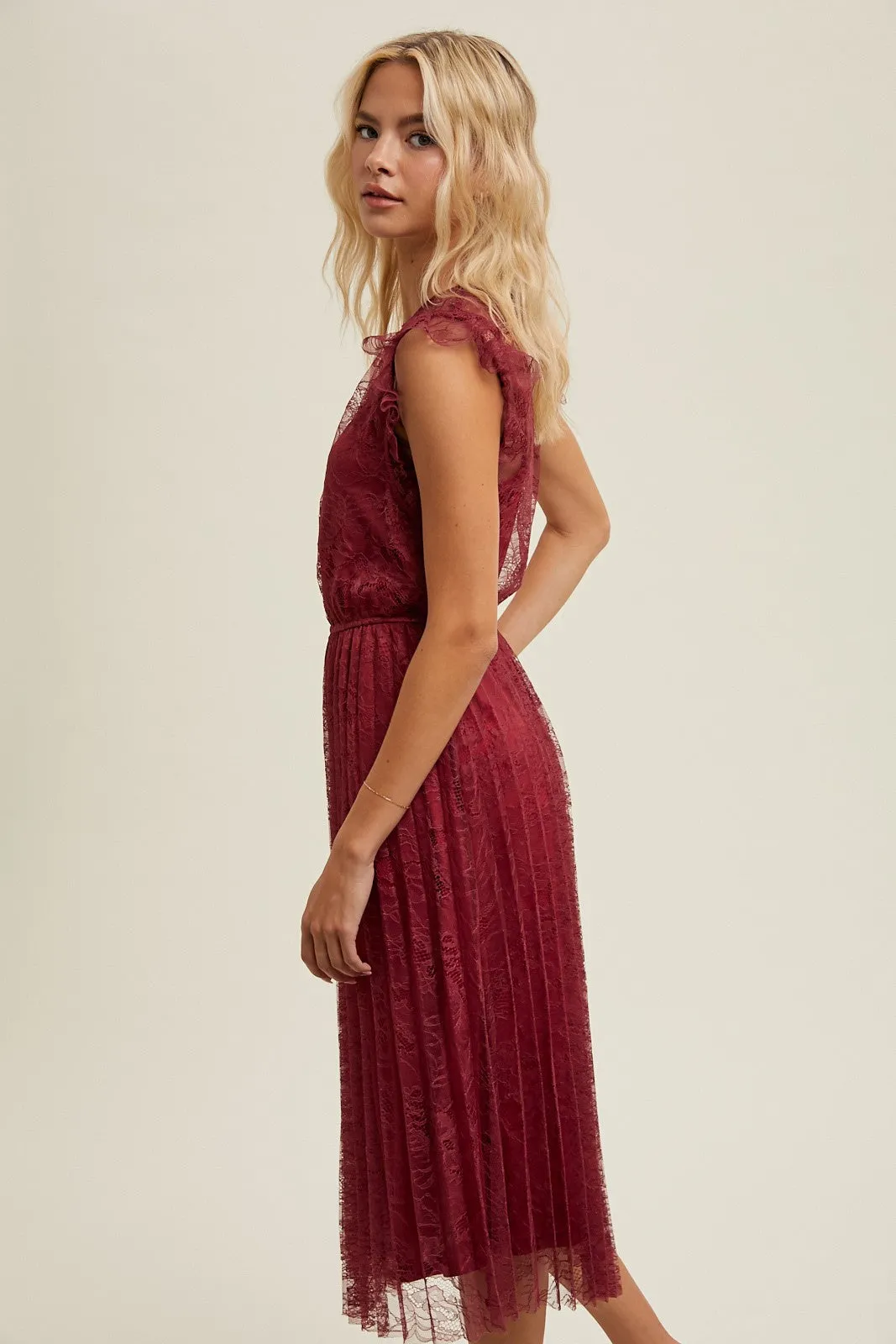 Floral Lace Pleated Midi Dress - Wine