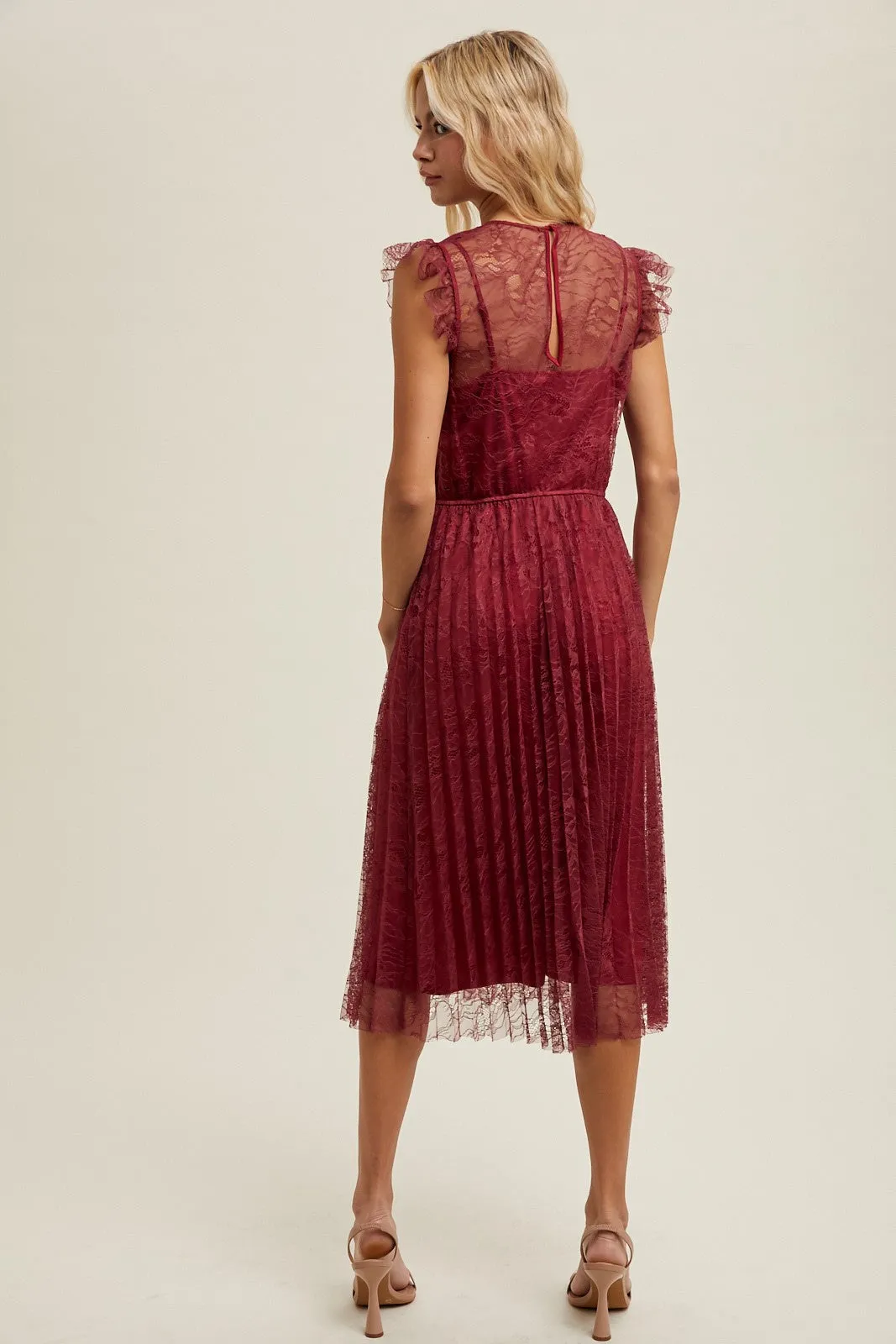 Floral Lace Pleated Midi Dress - Wine