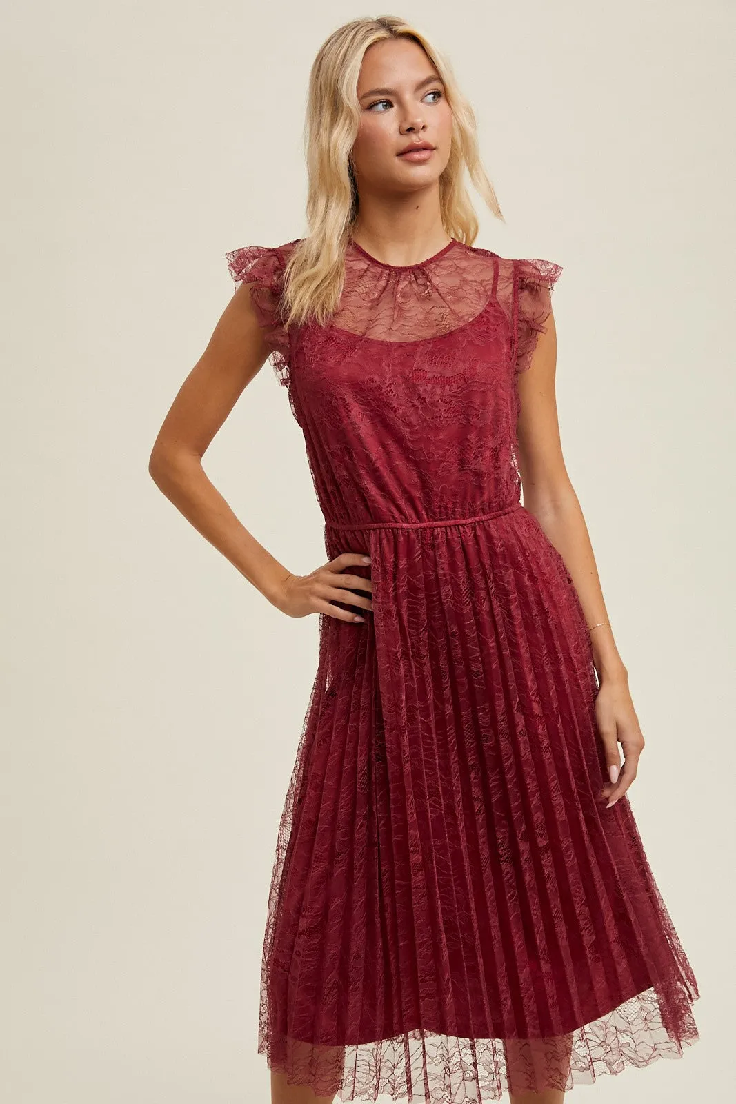 Floral Lace Pleated Midi Dress - Wine