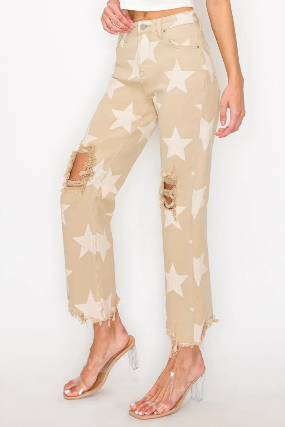 Full Size High Rise Star Printed Frayed Hem Jeans