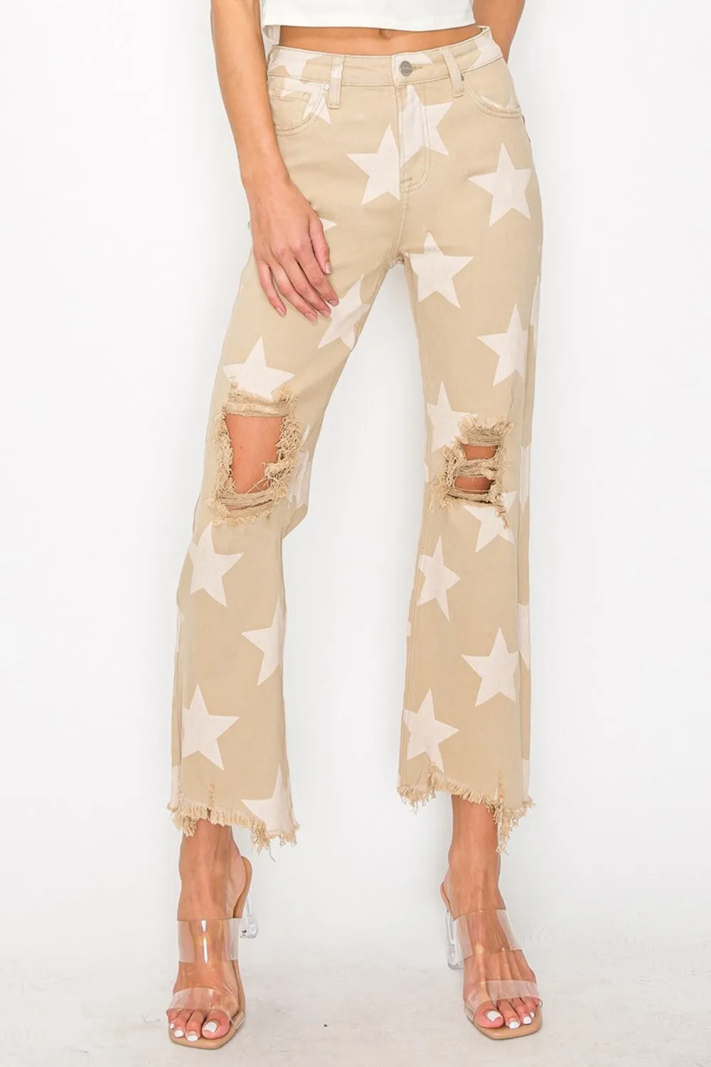 Full Size High Rise Star Printed Frayed Hem Jeans