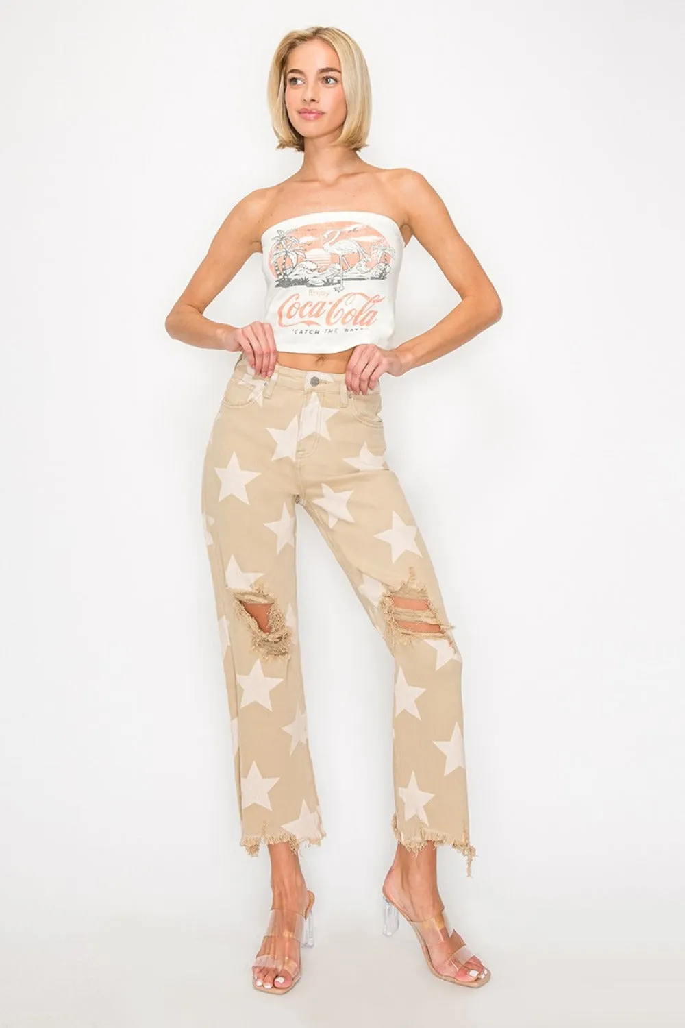 Full Size High Rise Star Printed Frayed Hem Jeans