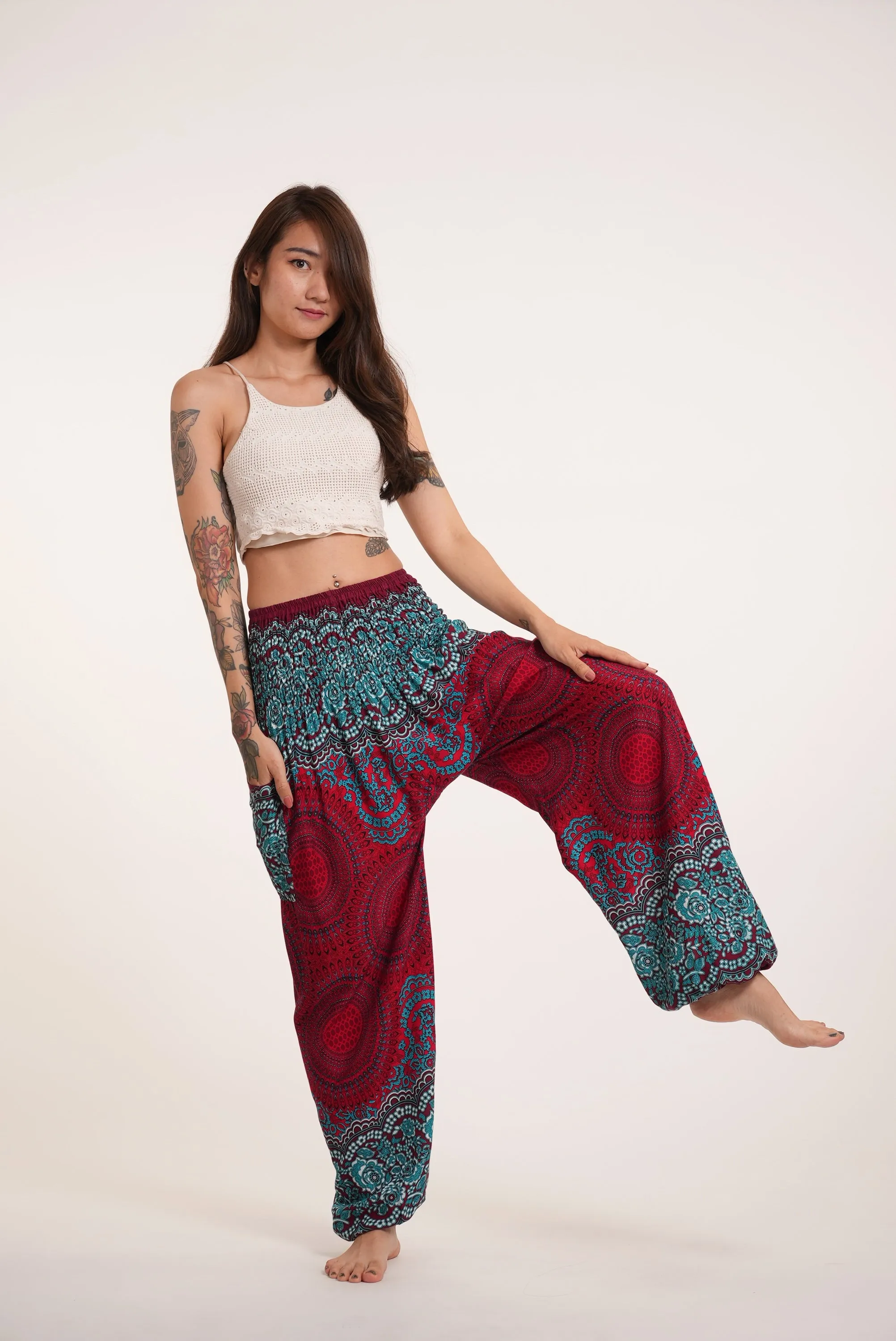 Geometric Mandalas Unisex Harem Pants in Red