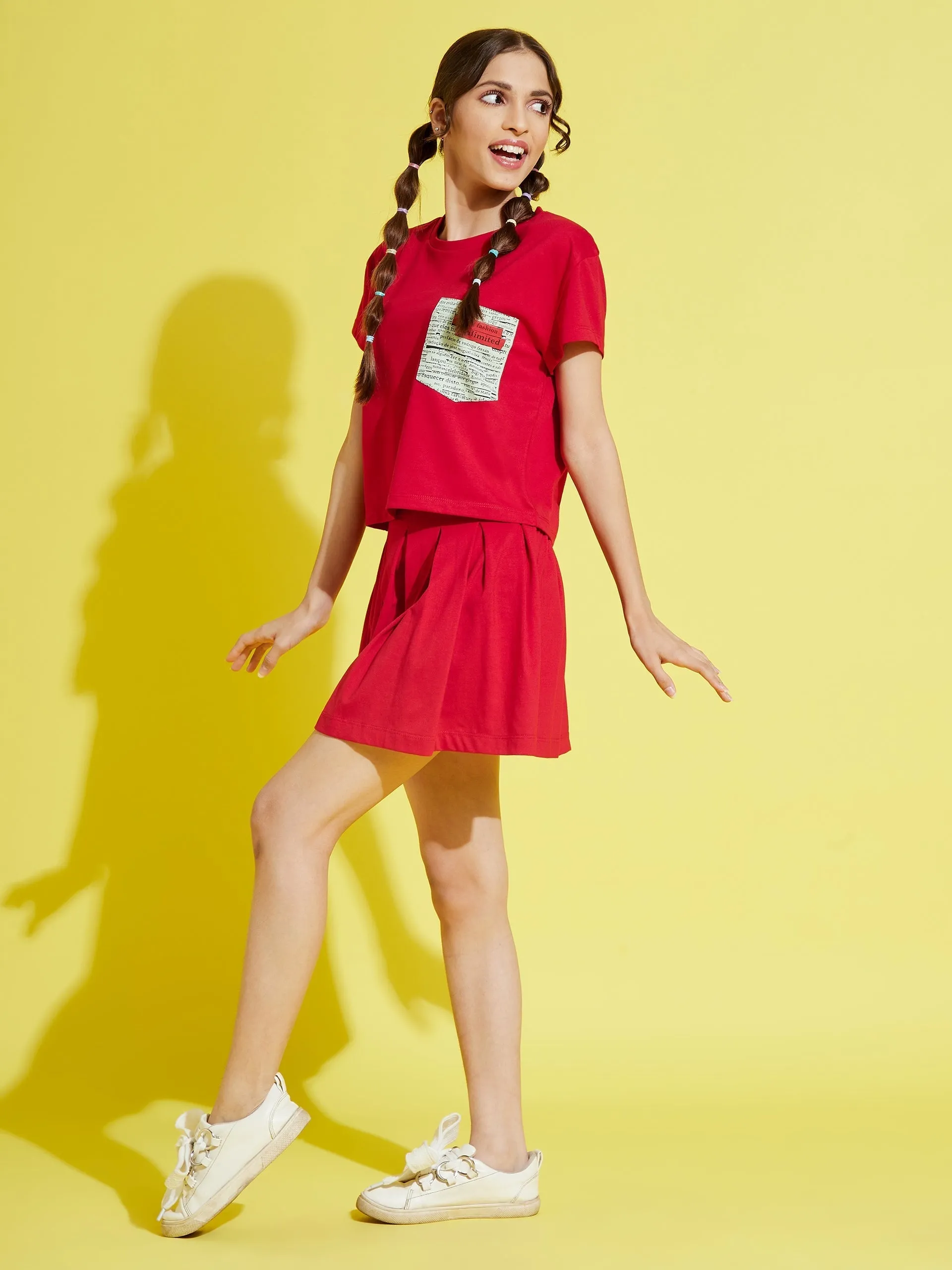 Girls Red Front Pleated Jersey Skirt