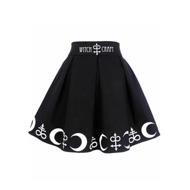 Gothic Letter & Moon Printed Pleated Mini Skirts