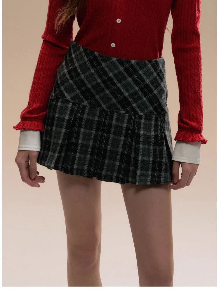 Gray Embroidered Wool Plaid Pleated Skirt