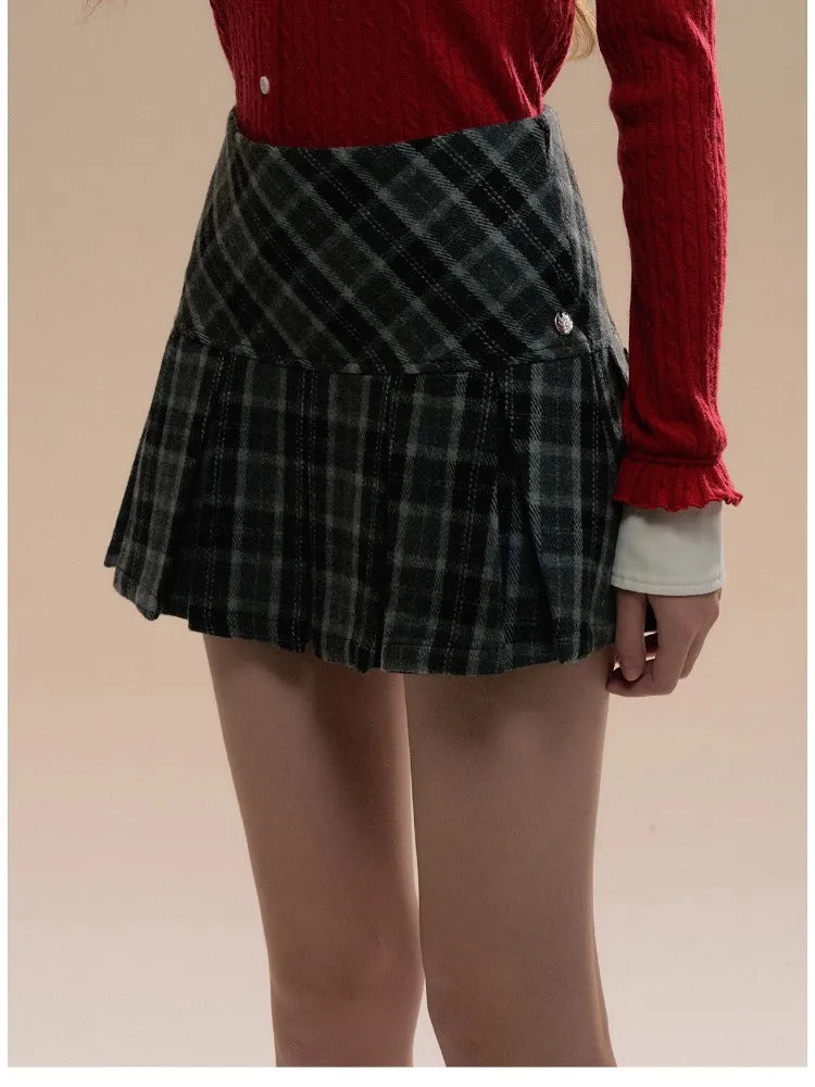 Gray Embroidered Wool Plaid Pleated Skirt