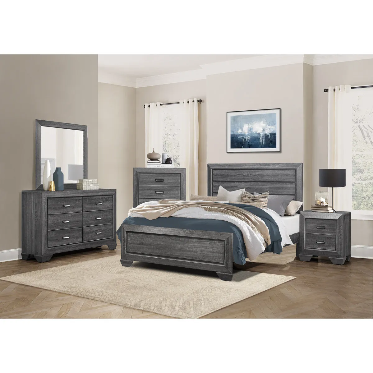 Gray Faux Wood Veneer Night Stand with 2 Dovetail Drawers