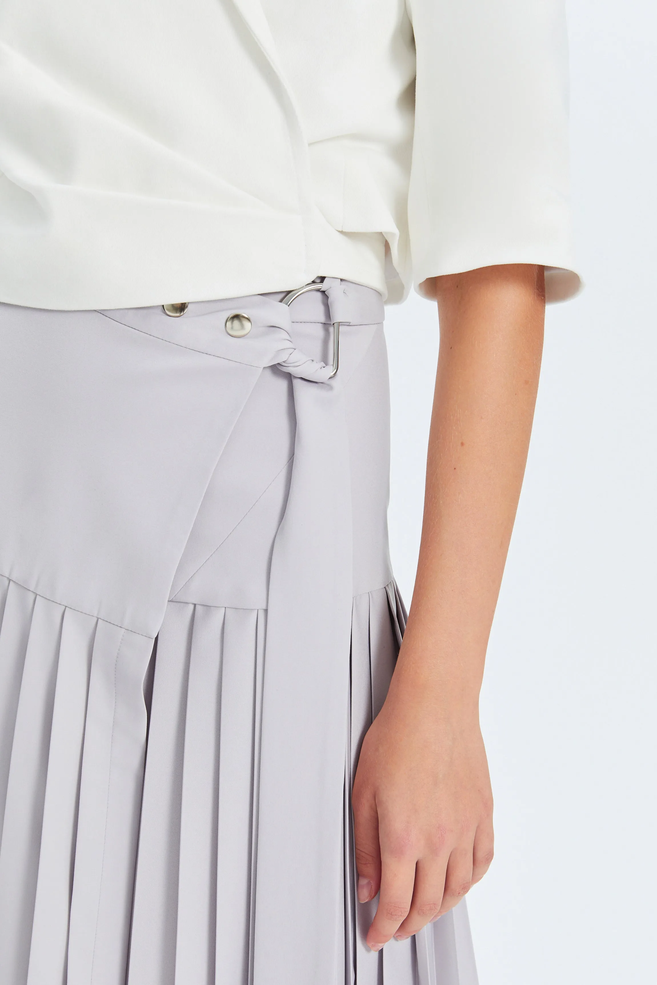 Gray Midi High-Waist Asymmetrical Pleated Skirt