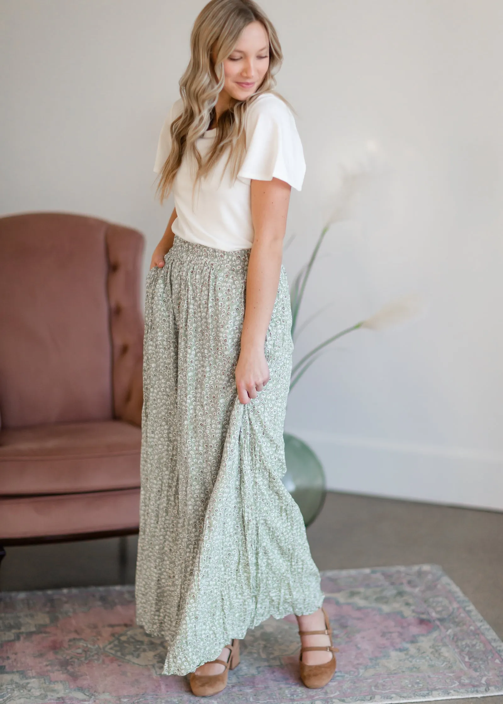 Green Tiny Floral Maxi Skirt