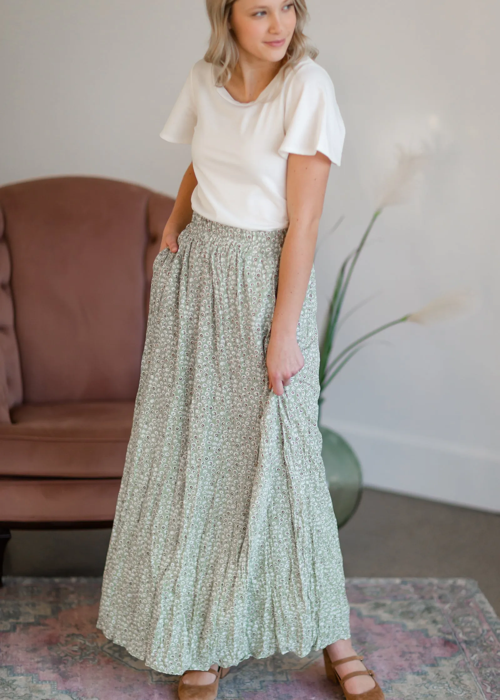 Green Tiny Floral Maxi Skirt