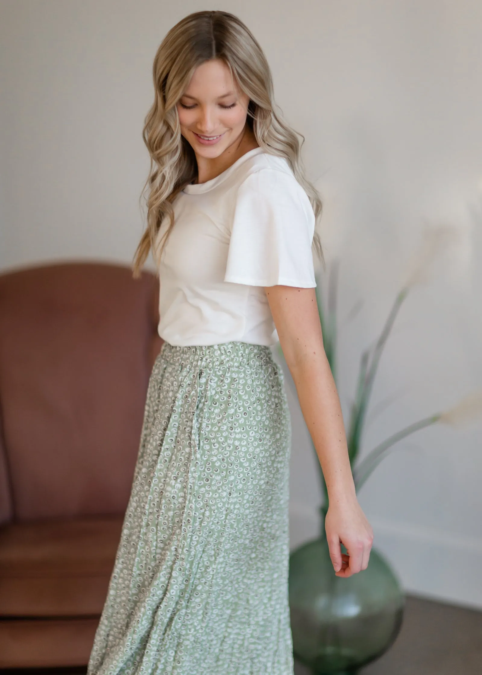 Green Tiny Floral Maxi Skirt