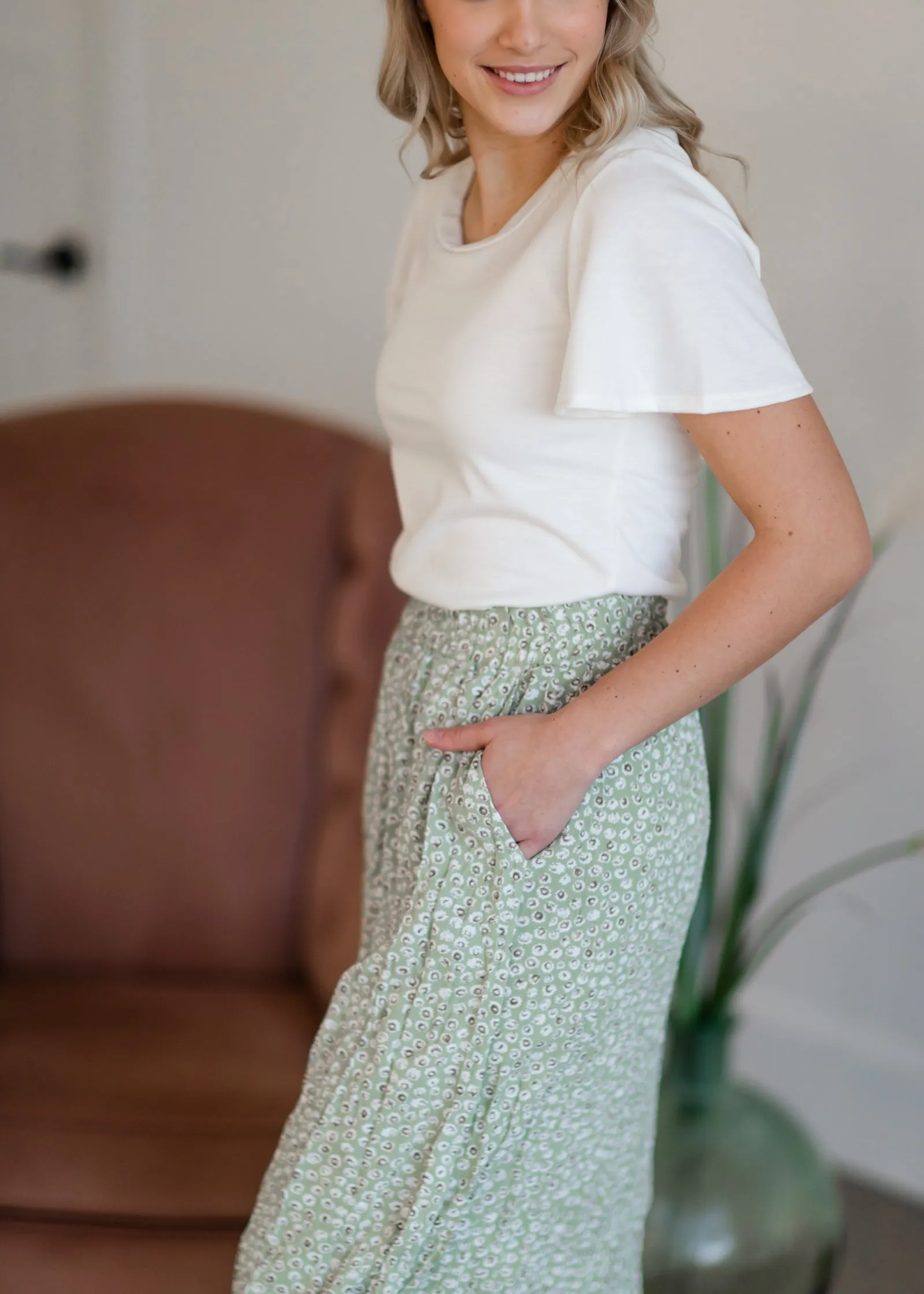 Green Tiny Floral Maxi Skirt