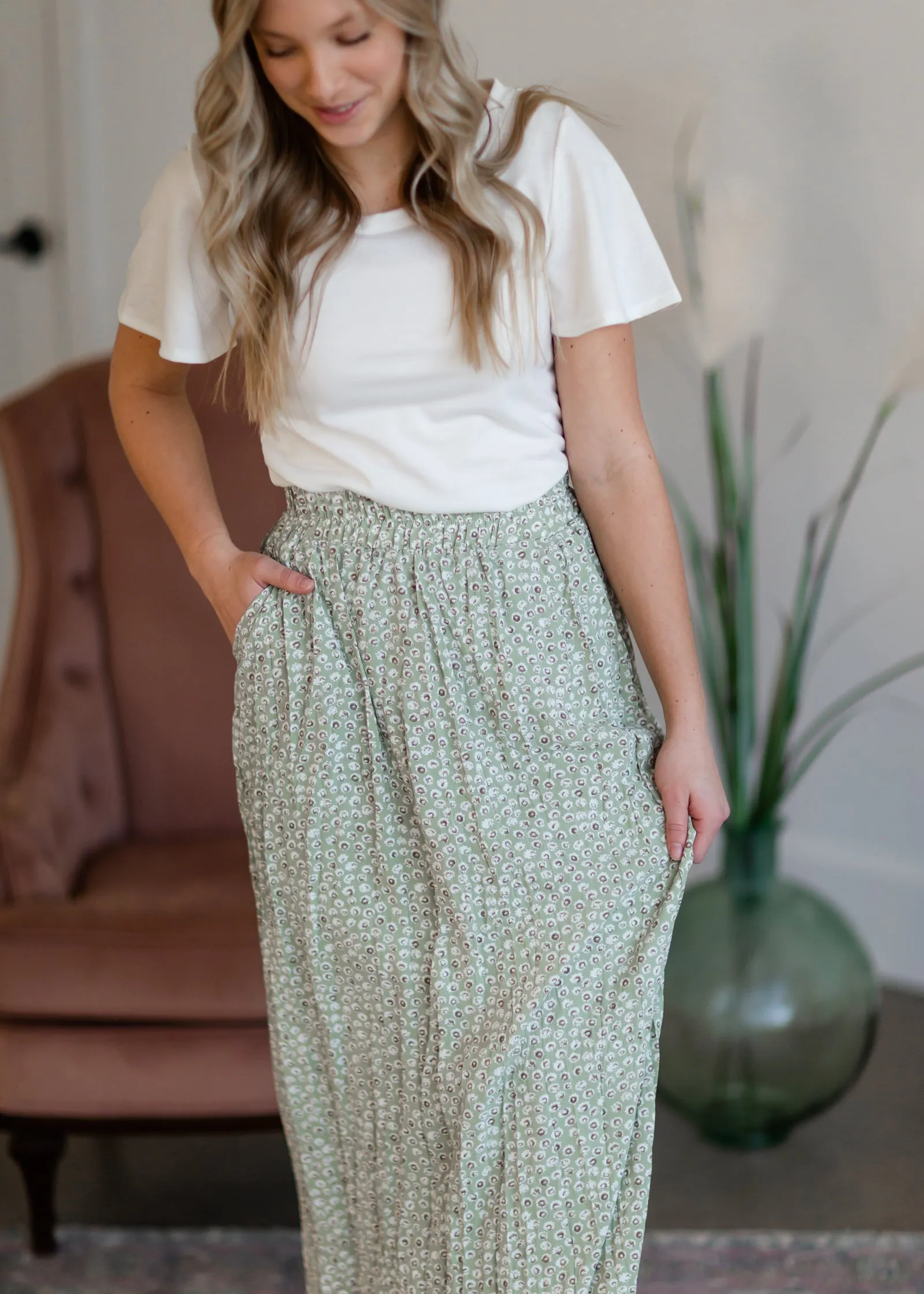 Green Tiny Floral Maxi Skirt