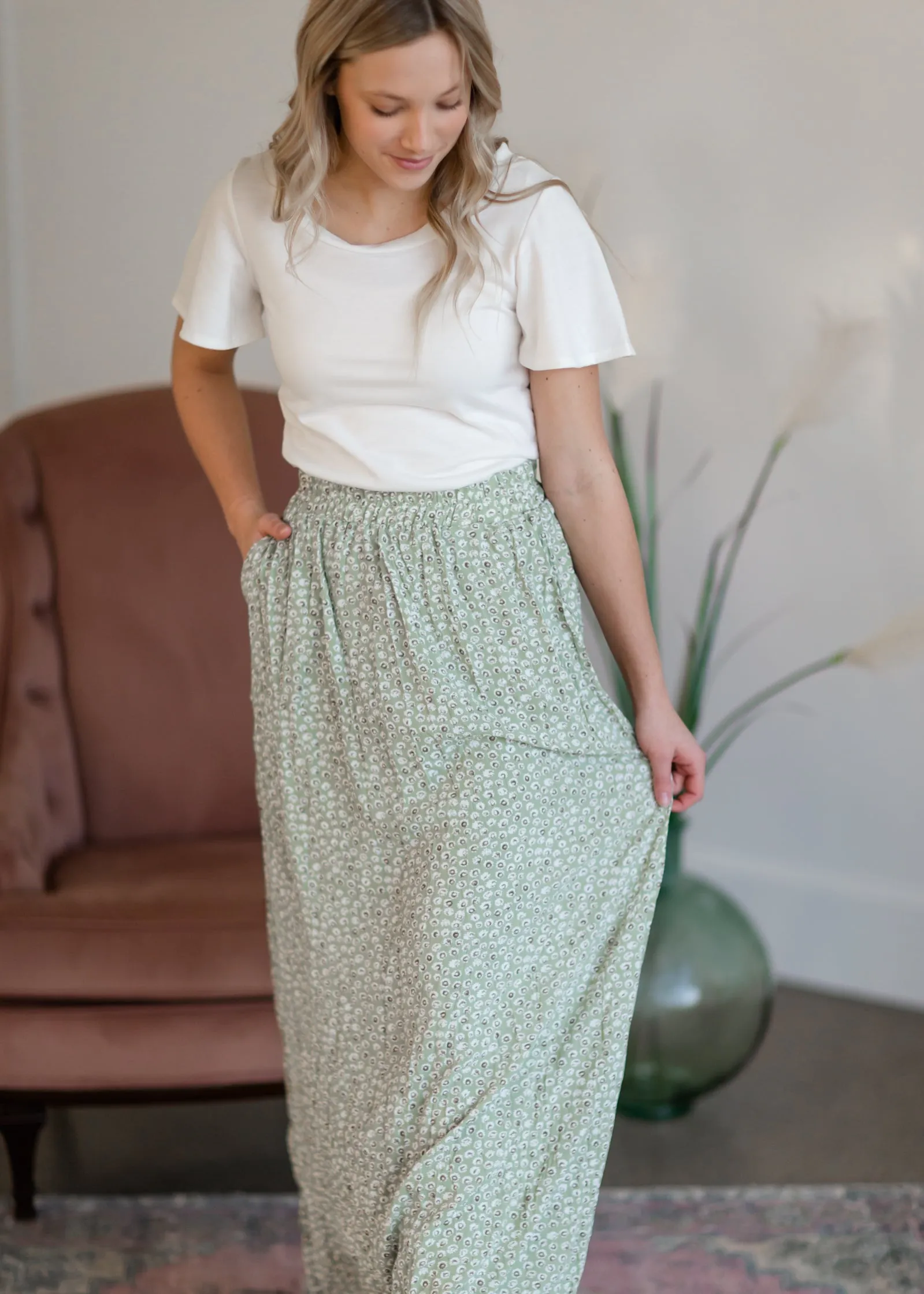 Green Tiny Floral Maxi Skirt