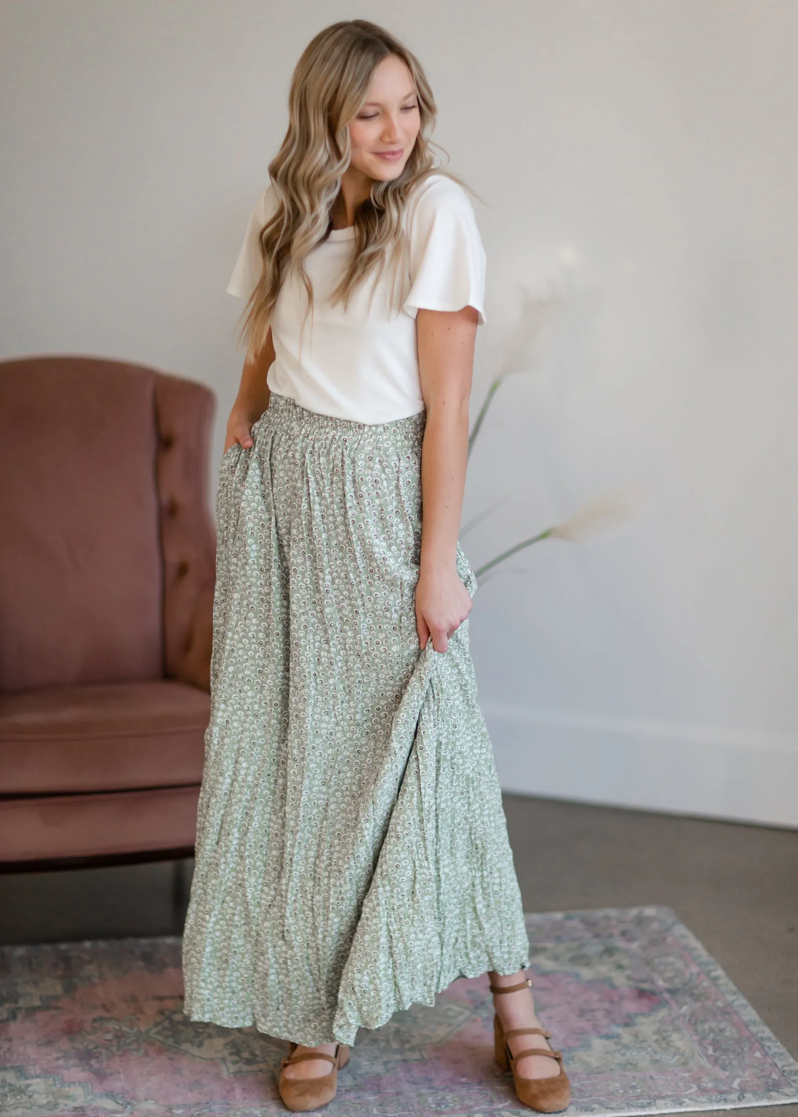 Green Tiny Floral Maxi Skirt