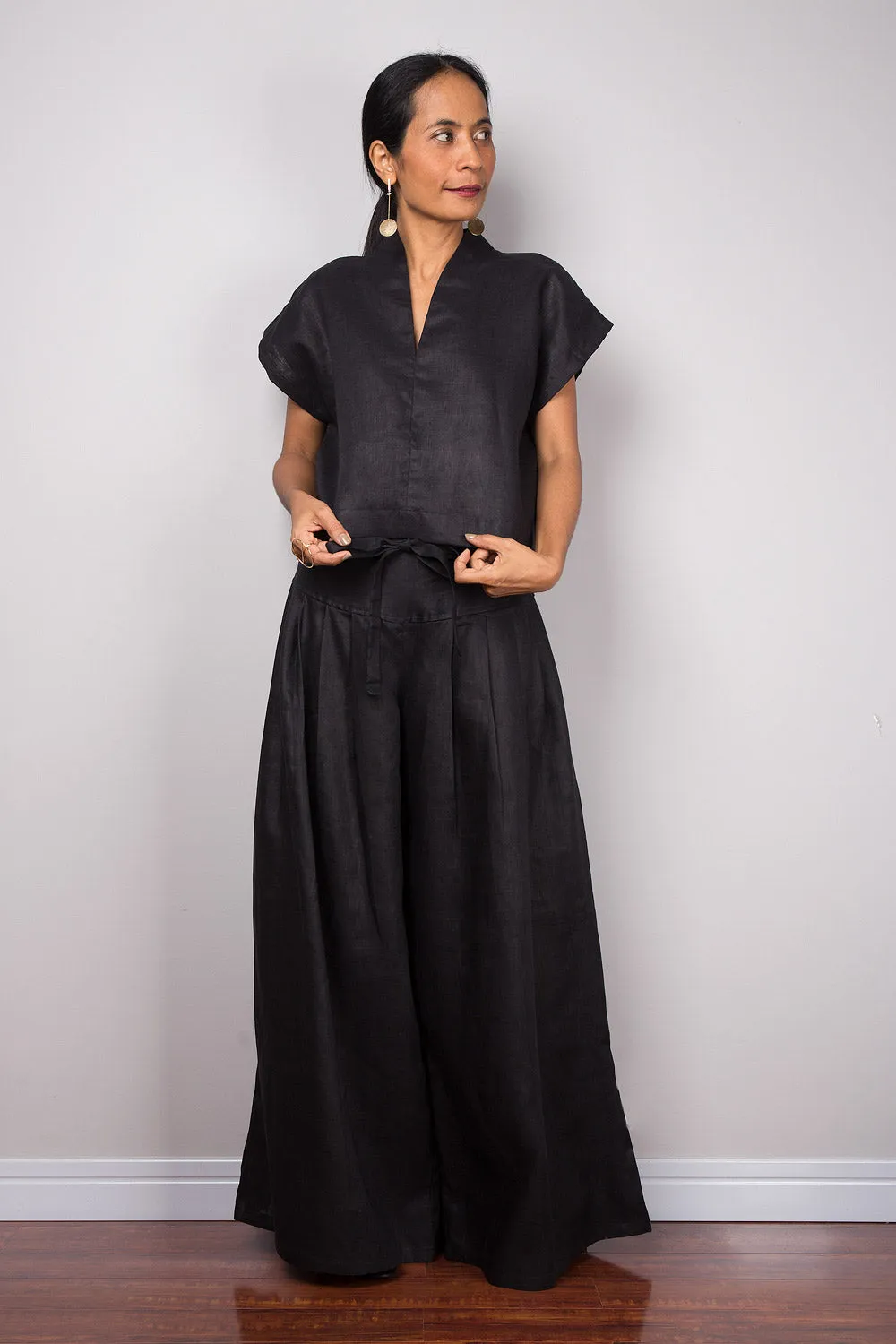 Handmade black linen long wide leg palazzo pants. Black high waist women's summer pants