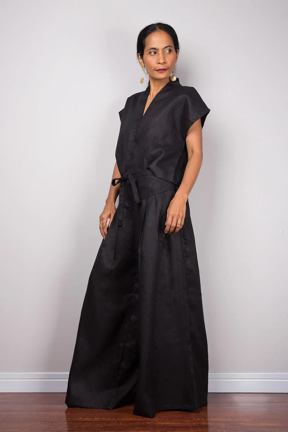 Handmade black linen long wide leg palazzo pants. Black high waist women's summer pants