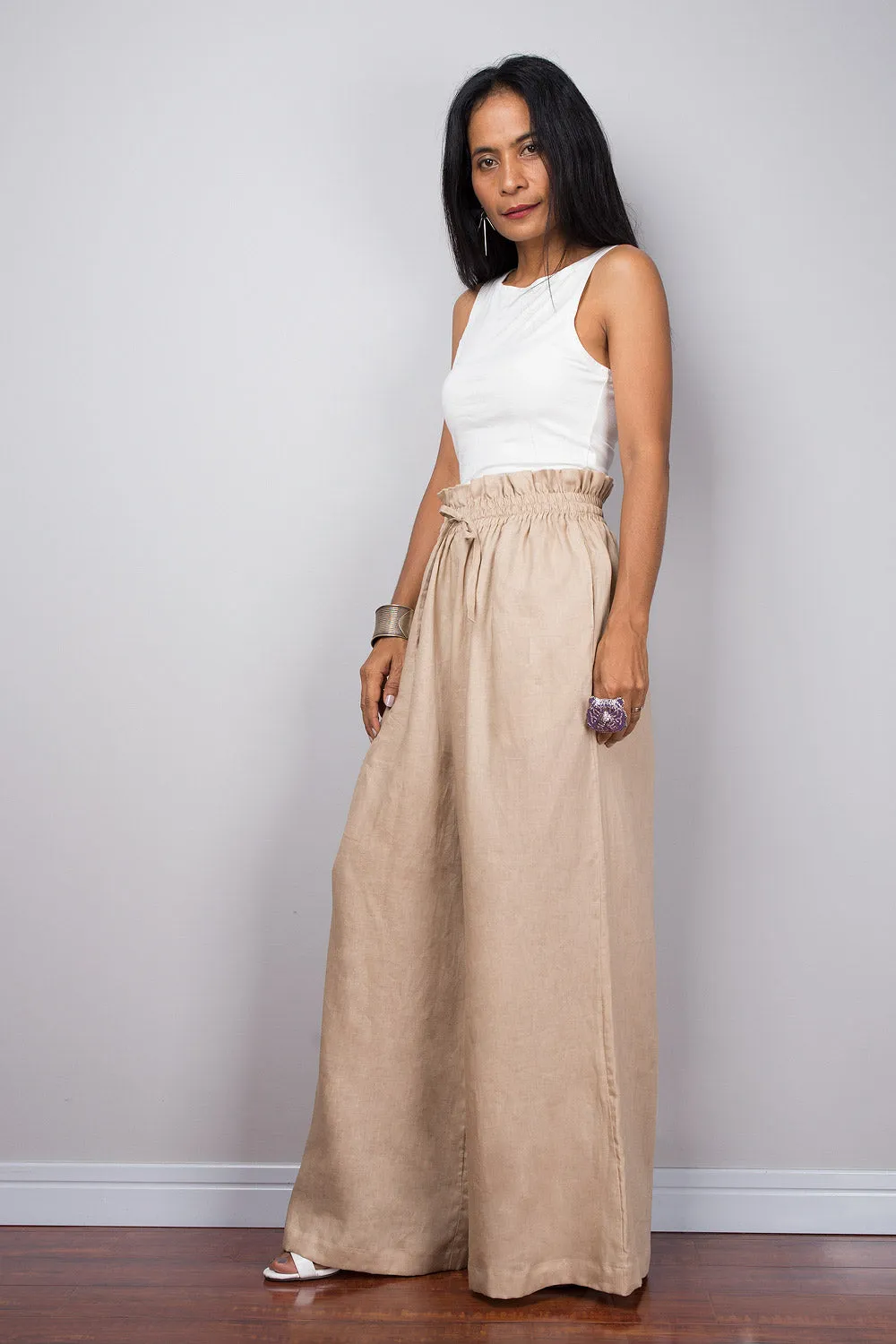 Handmade natural linen long wide leg palazzo pants with pockets. Beige high waist women's summer pants