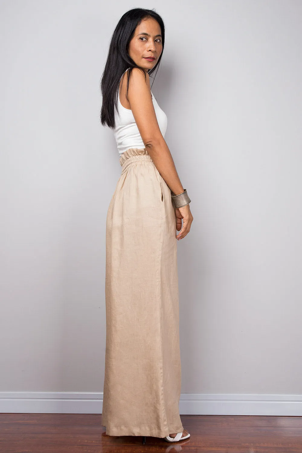 Handmade natural linen long wide leg palazzo pants with pockets. Beige high waist women's summer pants