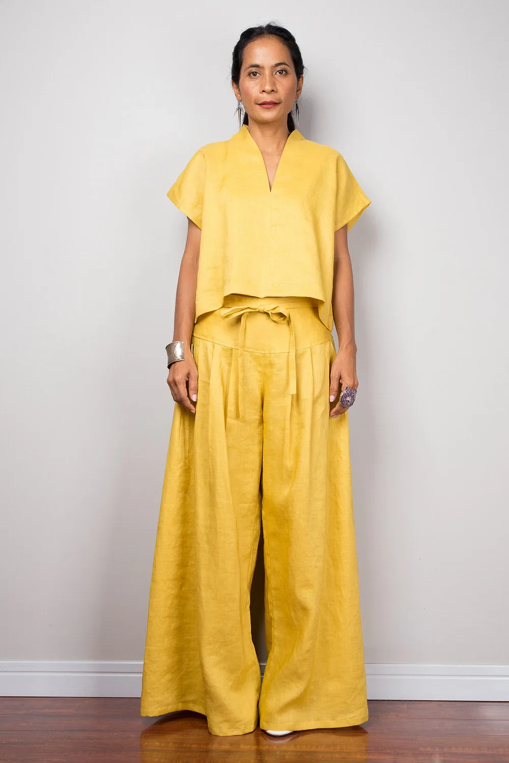 Handmade yellow natural linen long wide leg palazzo pants. Mustard yellow high waist women's summer pants